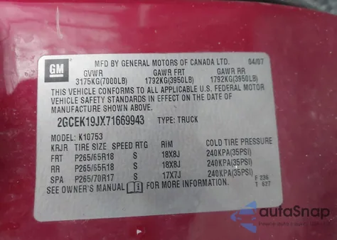 2007 Chevrolet Silverado 1500 Lt1 z USA, uszkodzony, nr VIN 2GCEK19JX71669943